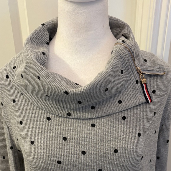 Izod Gray and Black Polka Dot Zip up Mock Cowl Neck Sweater - Picture 2 of 10